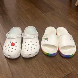 White Crocs Clogs size 9, White Rainbow Crocs slides Size 8